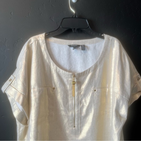 Ellen Tracy Linen Blend Women Chalk Gold Foil Boxy Blouse Preppy Size: XL - Picture 3 of 9